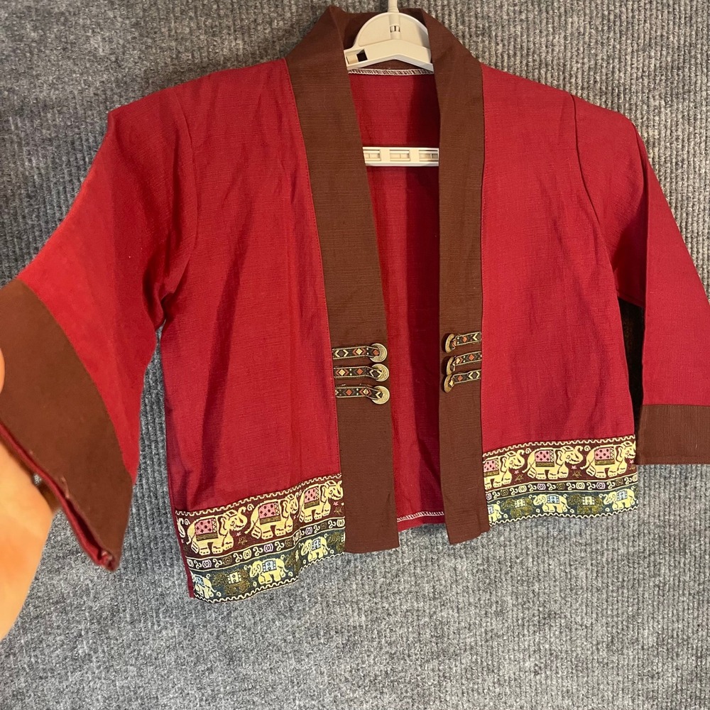 Traditional Thai Elephant Cropped Jacket Red Silk Coin Button Open Front Boho - Picture 4 of 7